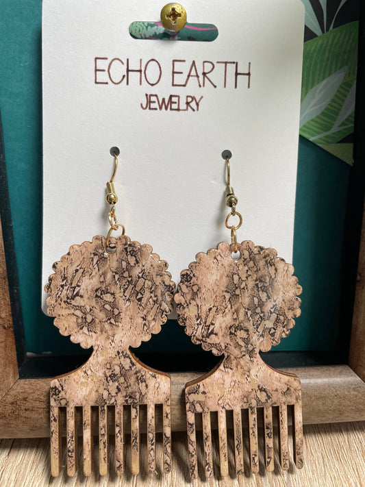 Afro Pick, Dangle Earrings, Statement Earrings, Unique Earrings, Wood Earrings, Light Weight Earrings